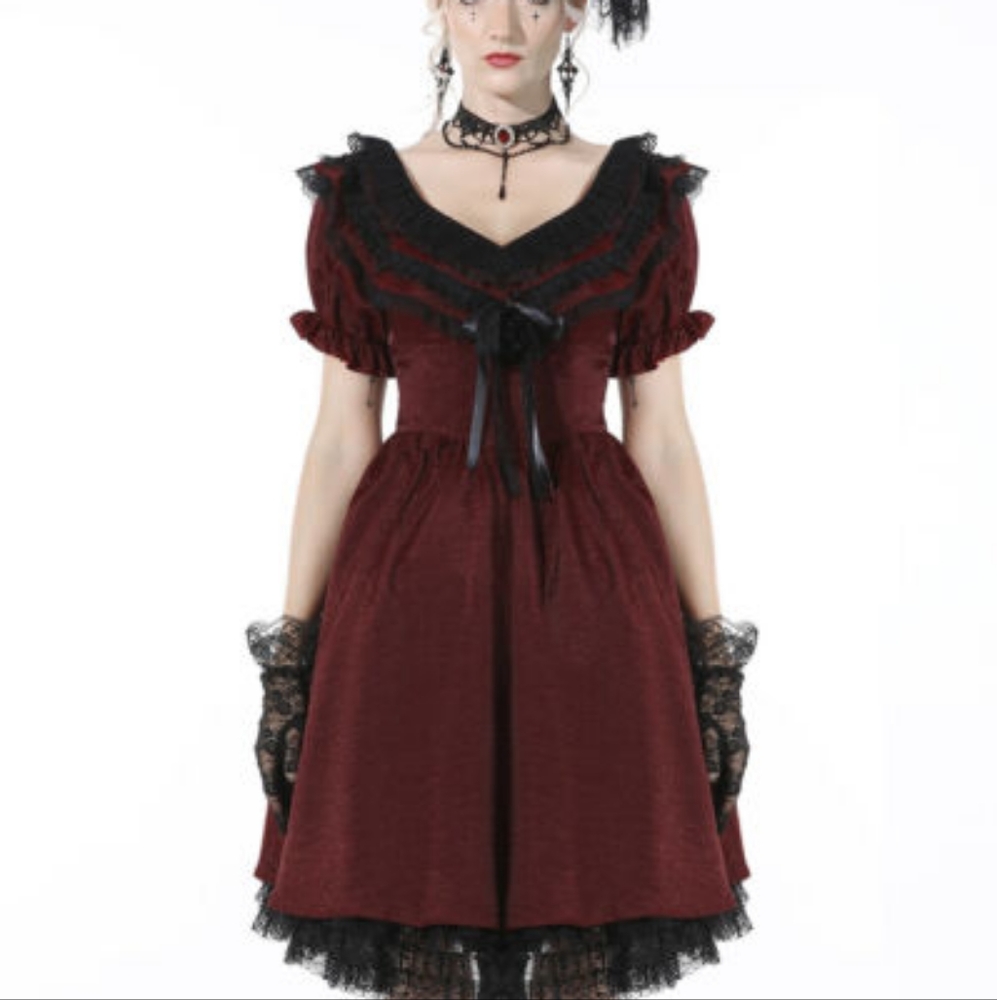 Dark In Love Gothic Victorian Evening Prom Party Dress Red Taffeta Black Lace
